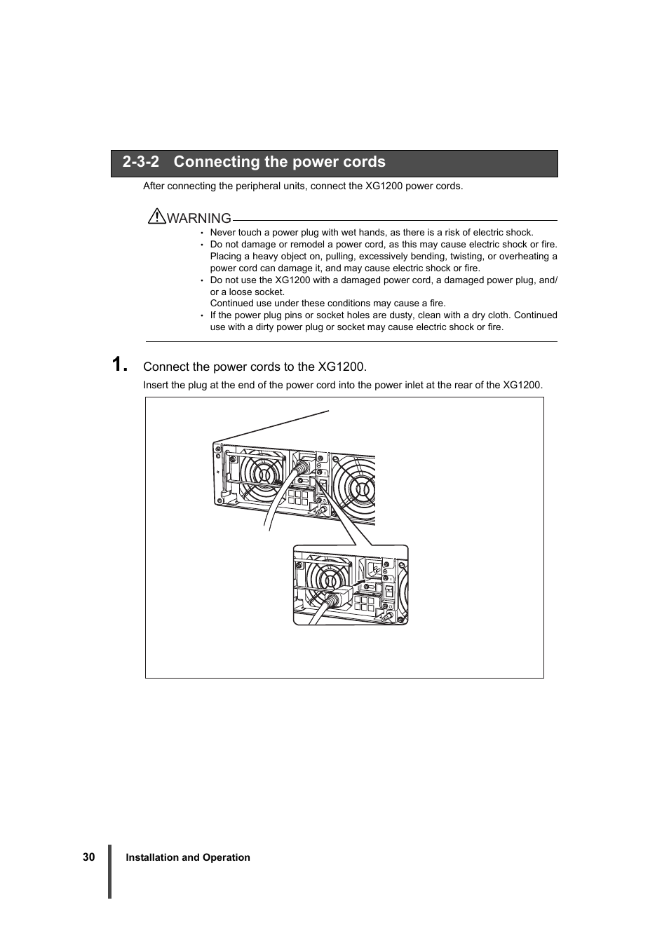 3-2 connecting the power cords, Warning | FUJITSU XG1200 User Manual | Page 31 / 40