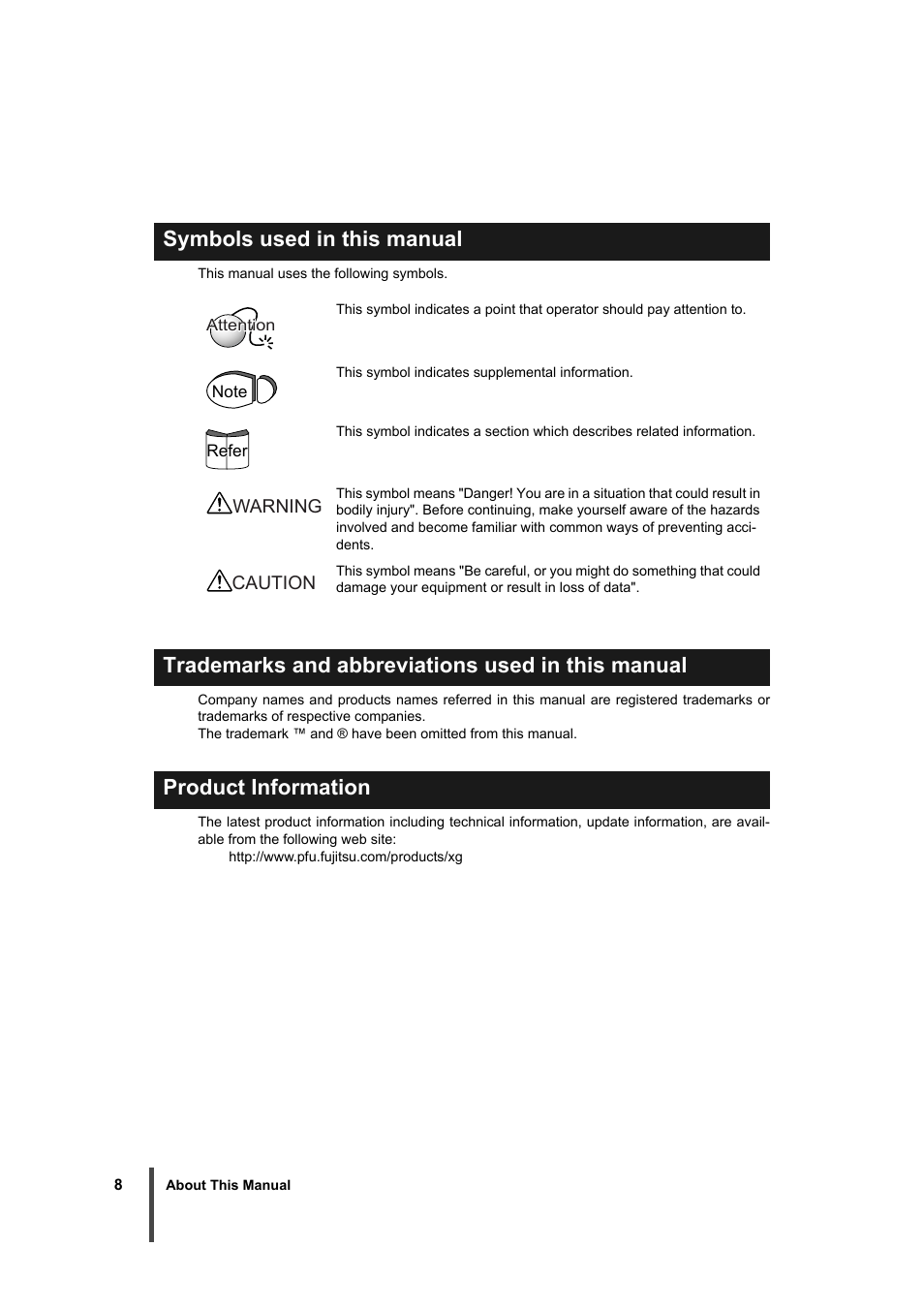 Symbols used in this manual | FUJITSU XG1200 User Manual | Page 9 / 40