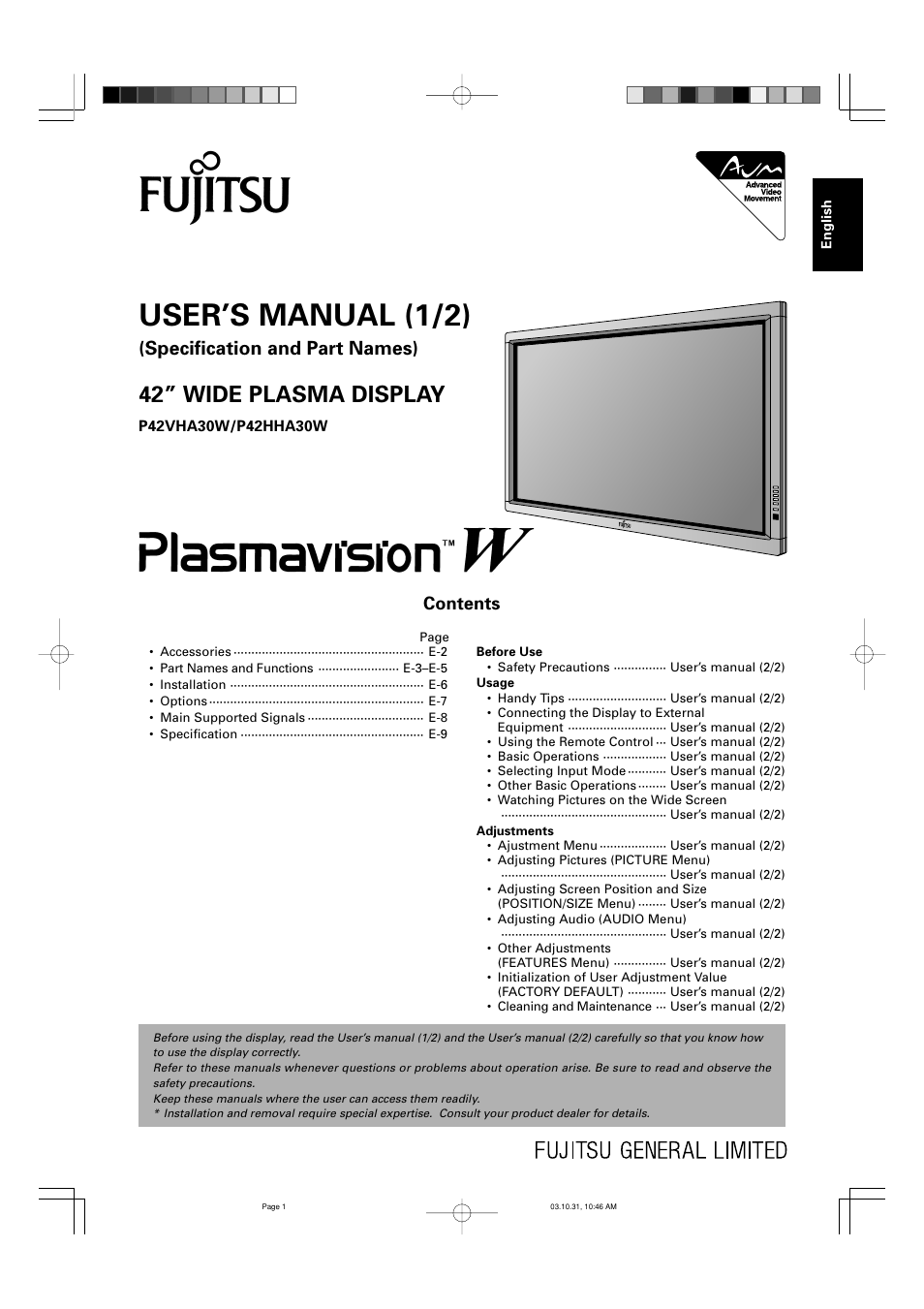 FUJITSU P42VHA30W User Manual | 43 pages