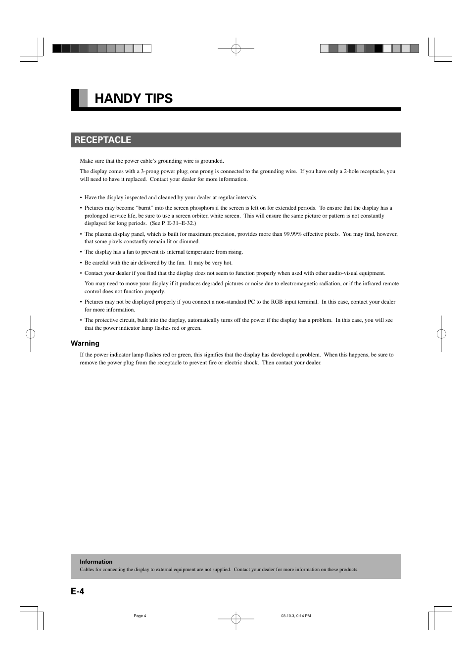 Handy tips, E-4 receptacle | FUJITSU P42VHA30W User Manual | Page 13 / 43