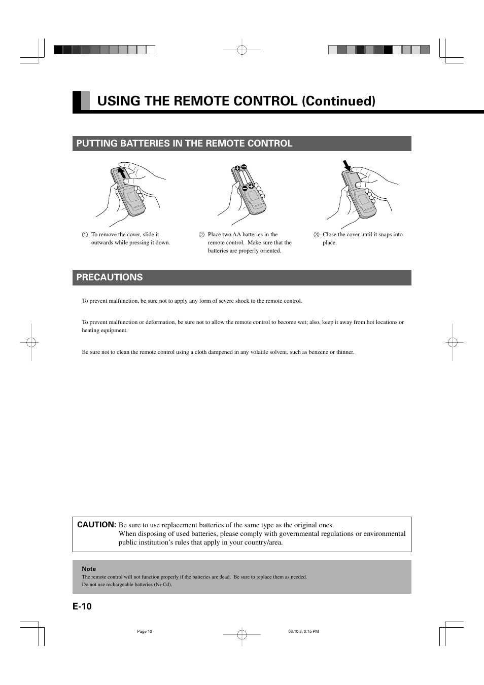 Using the remote control (continued), E-10, Putting batteries in the remote control | Precautions | FUJITSU P42VHA30W User Manual | Page 19 / 43