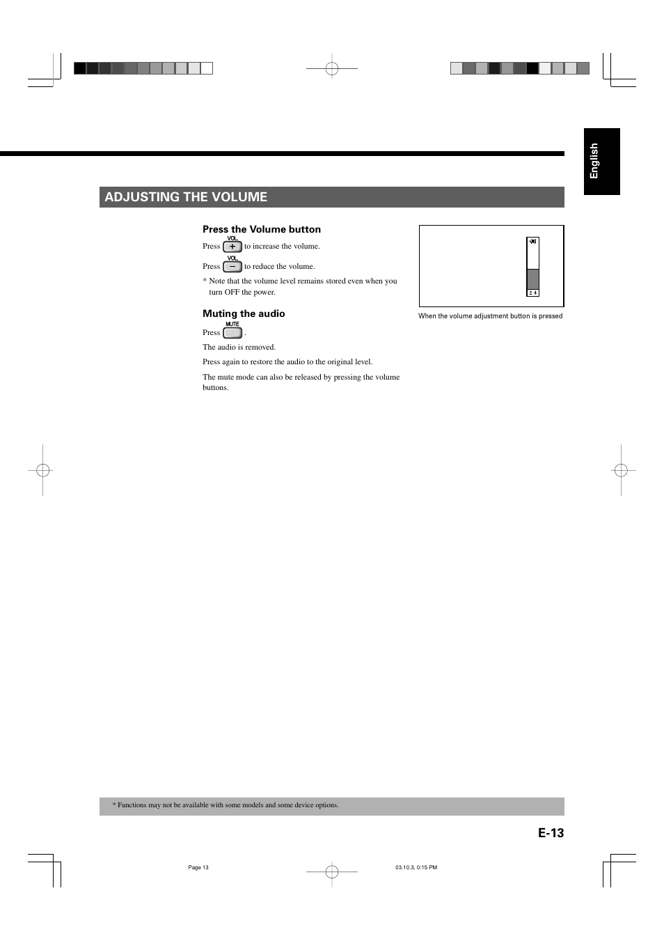 E-13, Adjusting the volume | FUJITSU P42VHA30W User Manual | Page 22 / 43