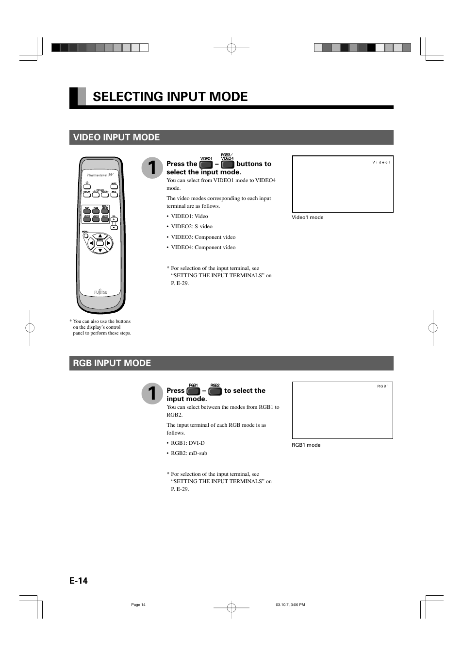 Selecting input mode, E-14, Rgb input mode | Video input mode | FUJITSU P42VHA30W User Manual | Page 23 / 43