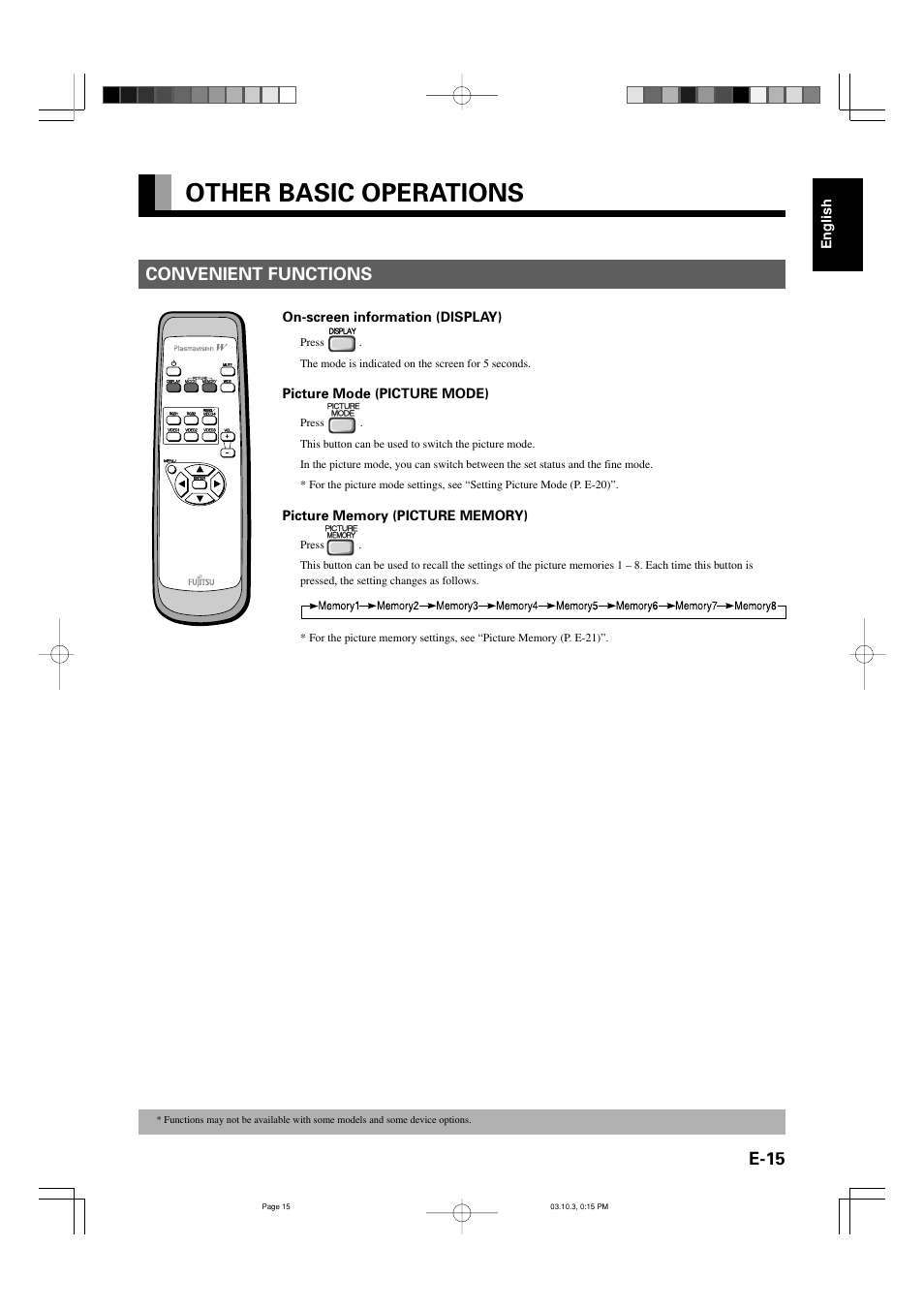 Other basic operations, E-15 convenient functions | FUJITSU P42VHA30W User Manual | Page 24 / 43