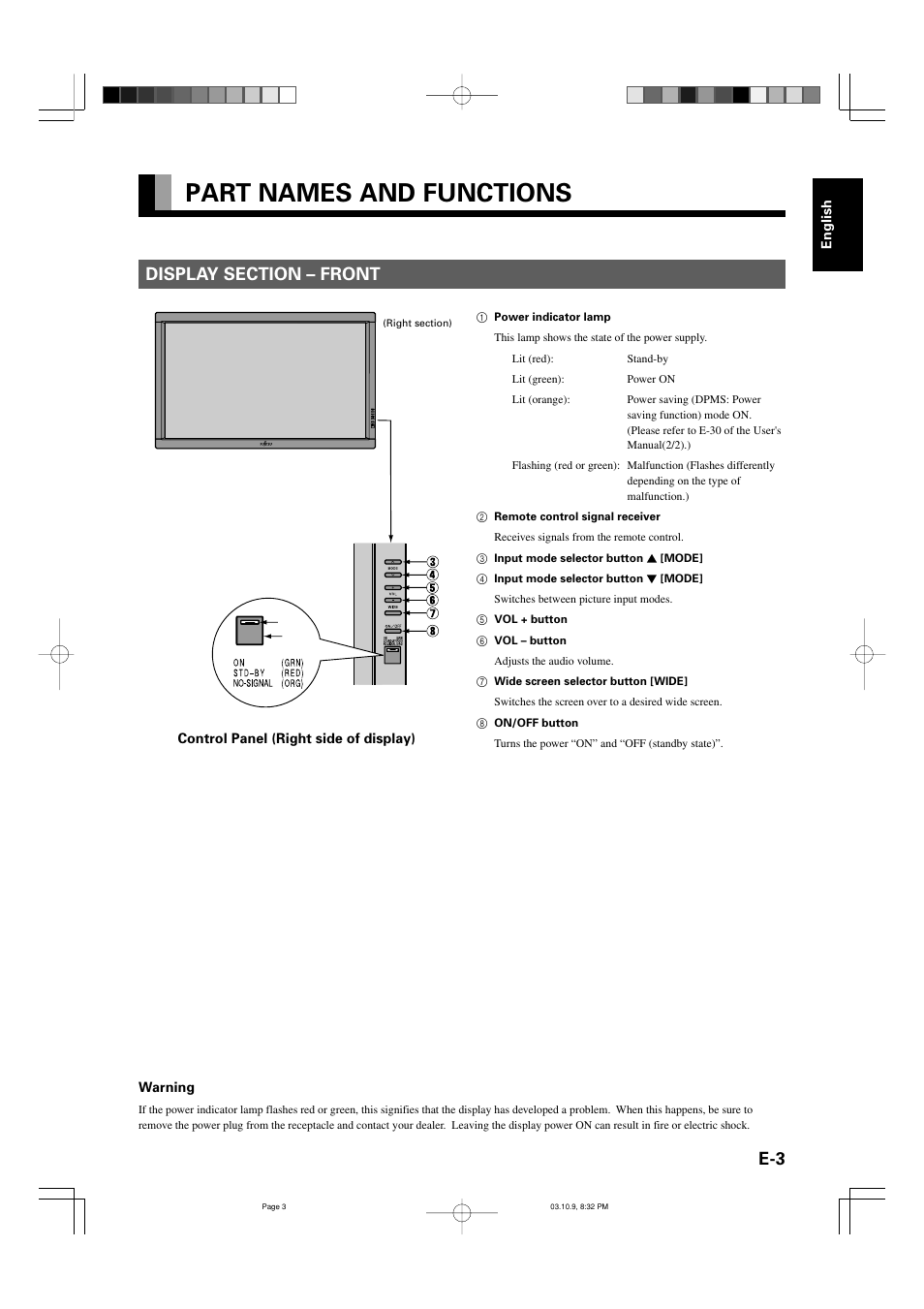 Part names and functions | FUJITSU P42VHA30W User Manual | Page 3 / 43