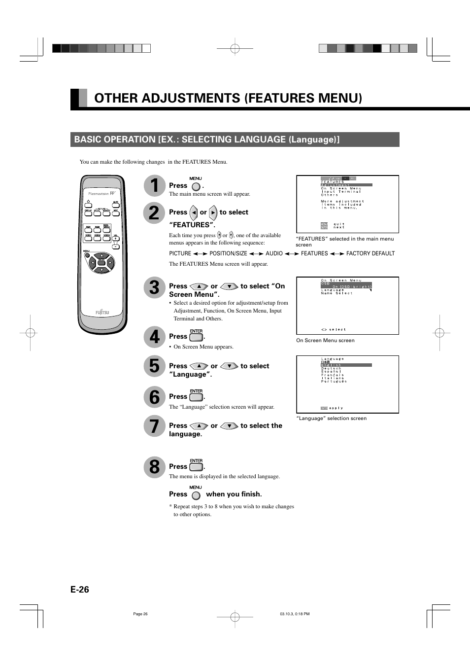 Other adjustments (features menu) | FUJITSU P42VHA30W User Manual | Page 35 / 43
