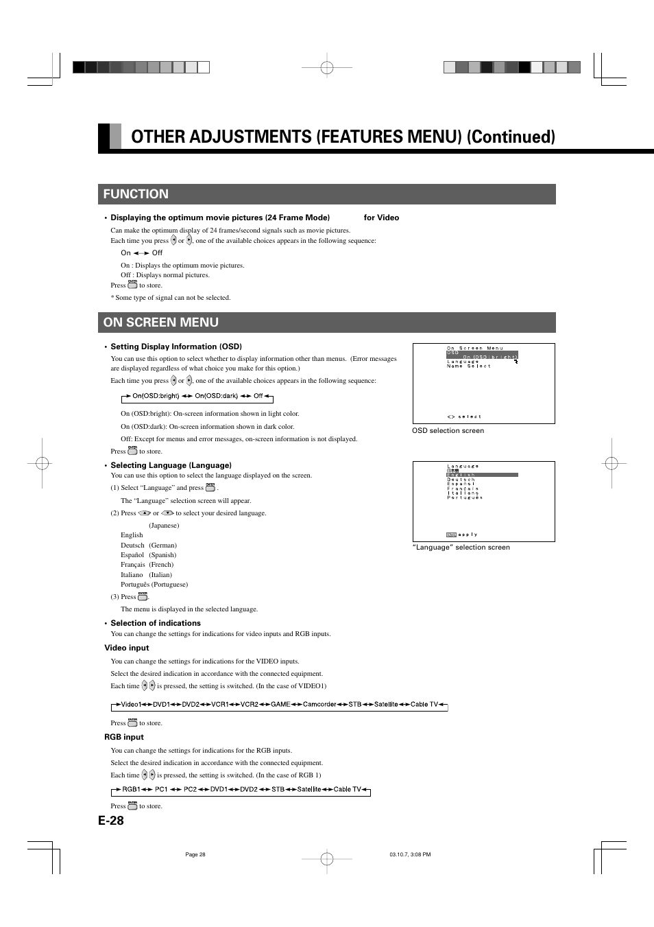 Other adjustments (features menu) (continued), E-28, On screen menu | Function | FUJITSU P42VHA30W User Manual | Page 37 / 43