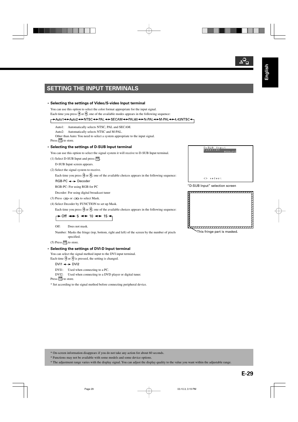 E-29, Setting the input terminals | FUJITSU P42VHA30W User Manual | Page 38 / 43