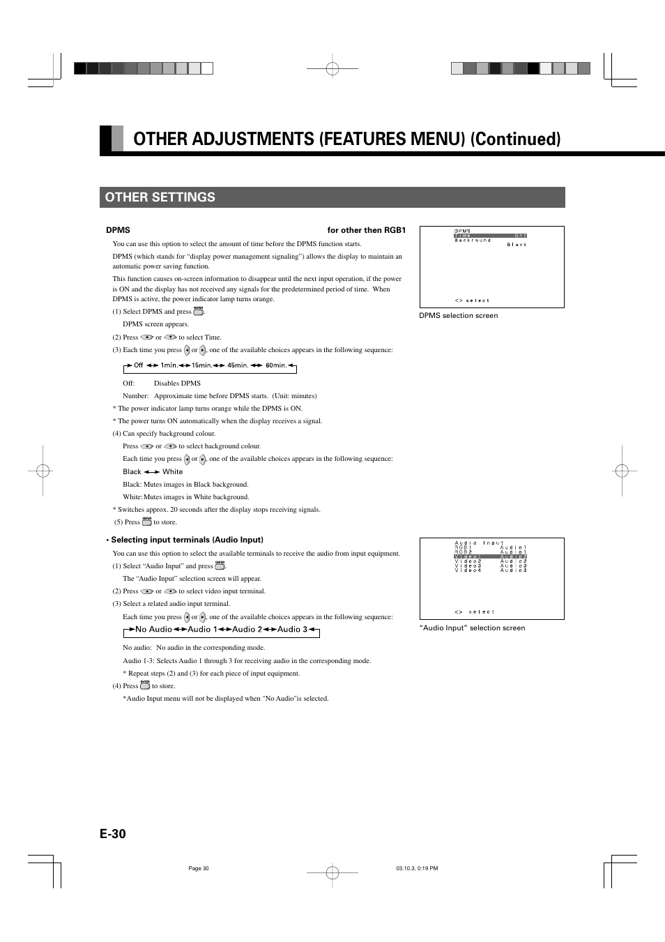 Other adjustments (features menu) (continued), E-30, Other settings | FUJITSU P42VHA30W User Manual | Page 39 / 43