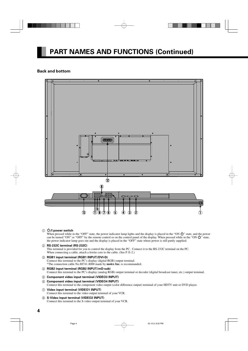 Part names and functions (continued) | FUJITSU P42VHA30W User Manual | Page 4 / 43