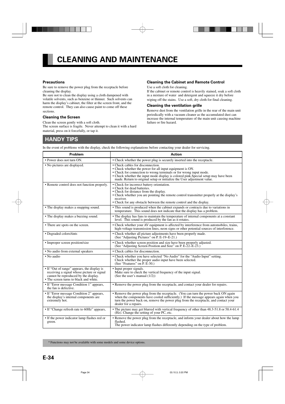 Cleaning and maintenance, E-34, Handy tips | FUJITSU P42VHA30W User Manual | Page 43 / 43