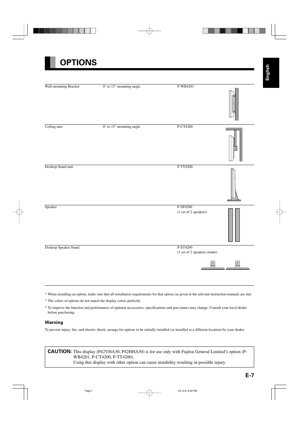 Options | FUJITSU P42VHA30W User Manual | Page 7 / 43