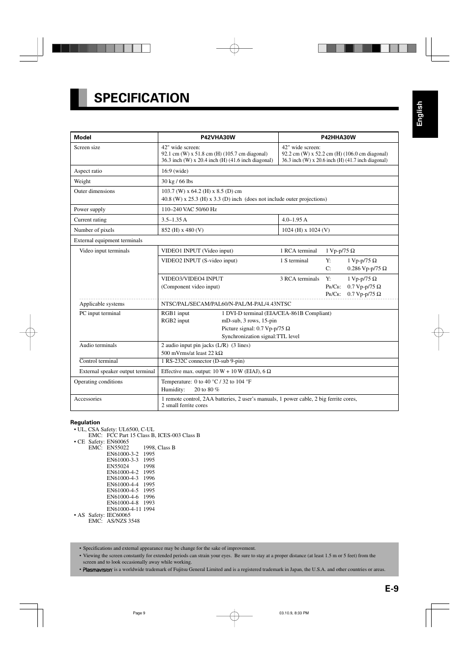 Specification | FUJITSU P42VHA30W User Manual | Page 9 / 43