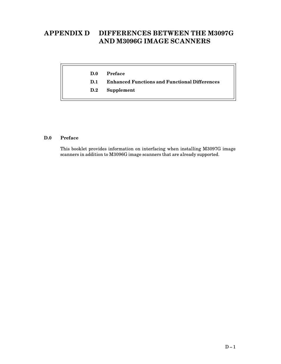 D.0 preface, Appendix d differences between the m3097g and, M3096g image scanners | D $ 1, Preface | FUJITSU M3097G User Manual | Page 146 / 163