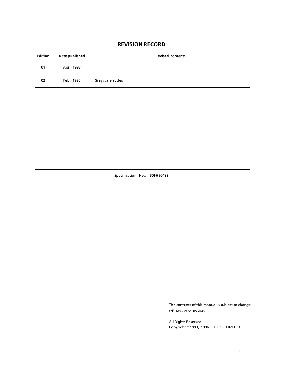 Revision record | FUJITSU M3097G User Manual | Page 2 / 163