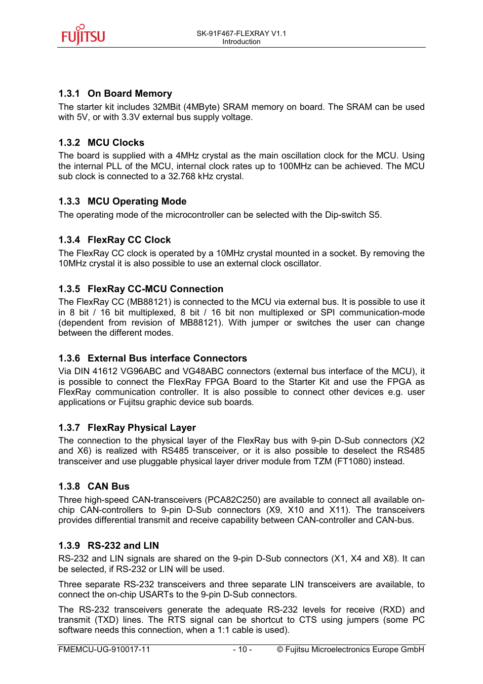 1 on board memory, 2 mcu clocks, 3 mcu operating mode | 4 flexray cc clock, 5 flexray cc-mcu connection, 6 external bus interface connectors, 7 flexray physical layer, 8 can bus, 9 rs-232 and lin, On board memory | FUJITSU MB91460 SERIES User Manual | Page 10 / 73