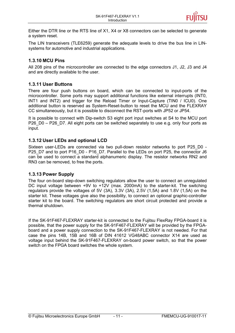 10 mcu pins, 11 user buttons, 12 user leds and optional lcd | 13 power supply, Mcu pins11, User buttons, User leds and optional lcd, Power supply | FUJITSU MB91460 SERIES User Manual | Page 11 / 73