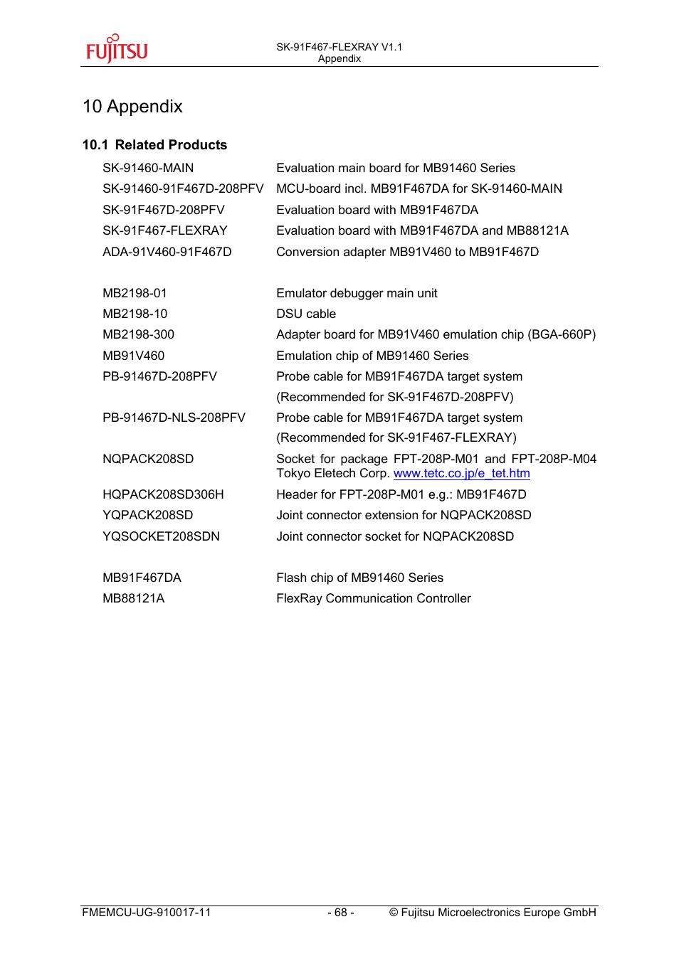 10 appendix, 1 related products, Appendix | Related products | FUJITSU MB91460 SERIES User Manual | Page 68 / 73