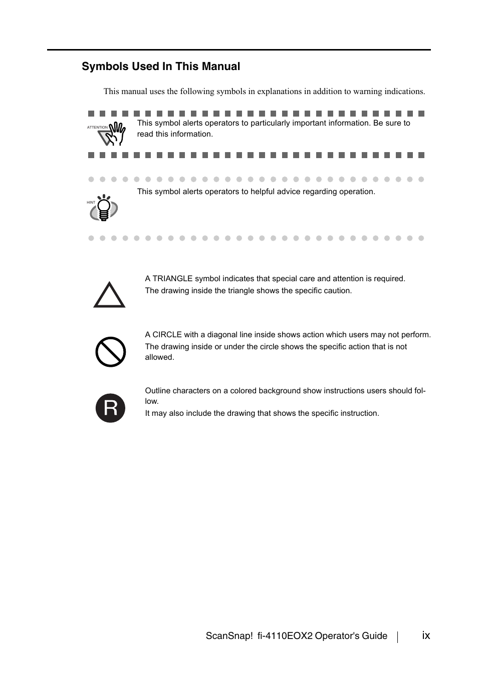 Ix symbols used in this manual | FUJITSU SCANSNAP! FI-4110EOX2 User Manual | Page 11 / 97