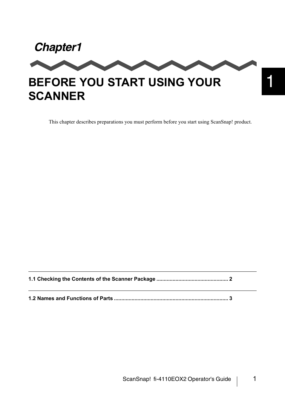 Chapter1 before you start using your scanner, Chapter1, Before you start using your scanner | FUJITSU SCANSNAP! FI-4110EOX2 User Manual | Page 17 / 97