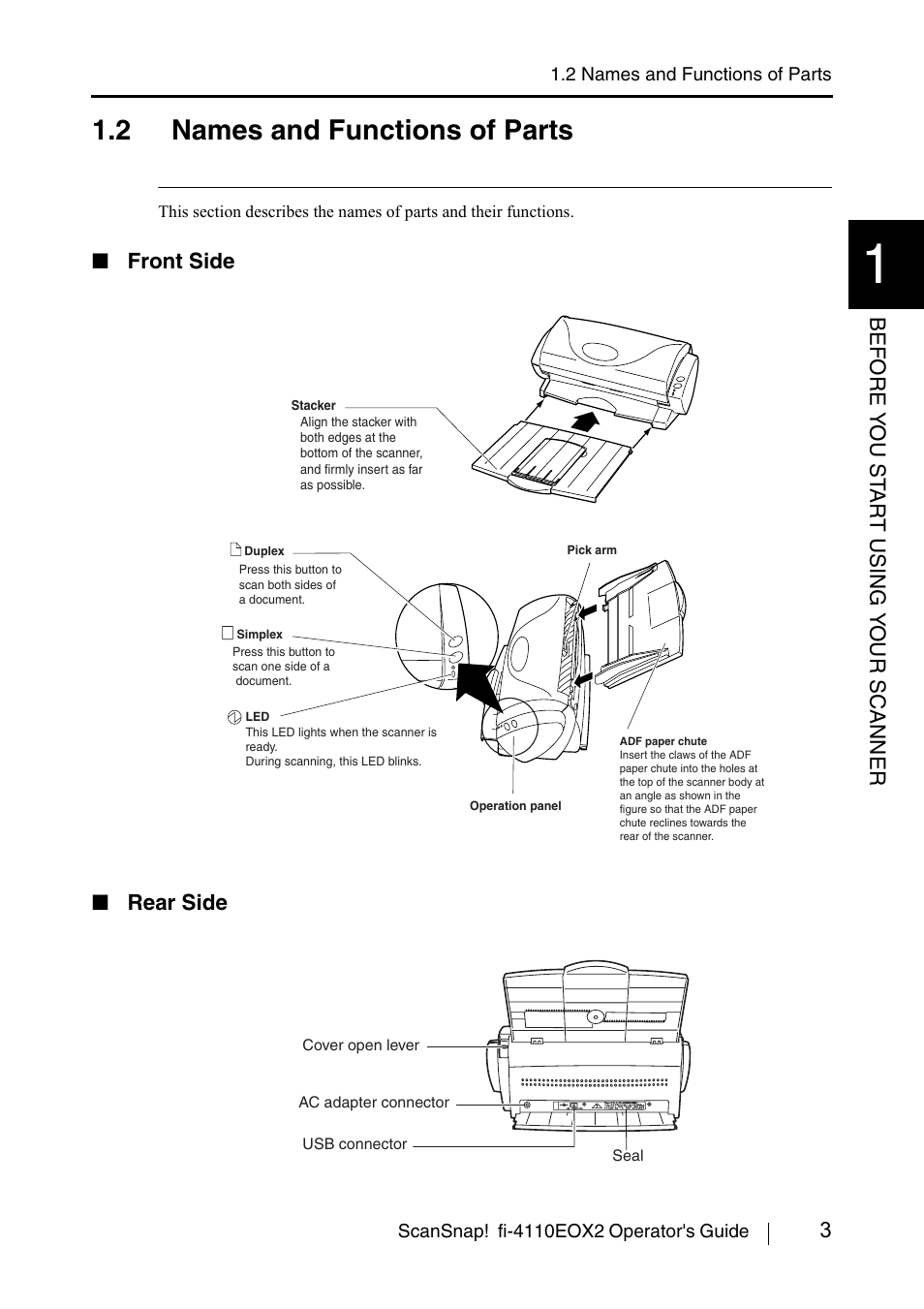 2 names and functions of parts, Front side, Rear side | FUJITSU SCANSNAP! FI-4110EOX2 User Manual | Page 19 / 97