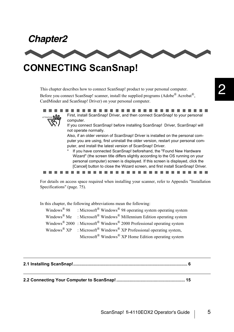 Chapter2 connecting scansnap, Chapter2 connecting, Scansnap | FUJITSU SCANSNAP! FI-4110EOX2 User Manual | Page 21 / 97