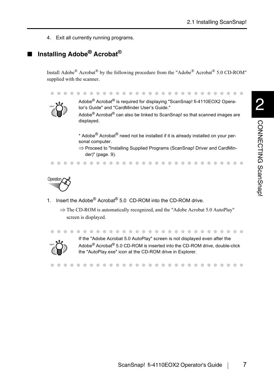 Installing adobe® acrobat, 7connecting scansnap, Installing adobe | Acrobat | FUJITSU SCANSNAP! FI-4110EOX2 User Manual | Page 23 / 97