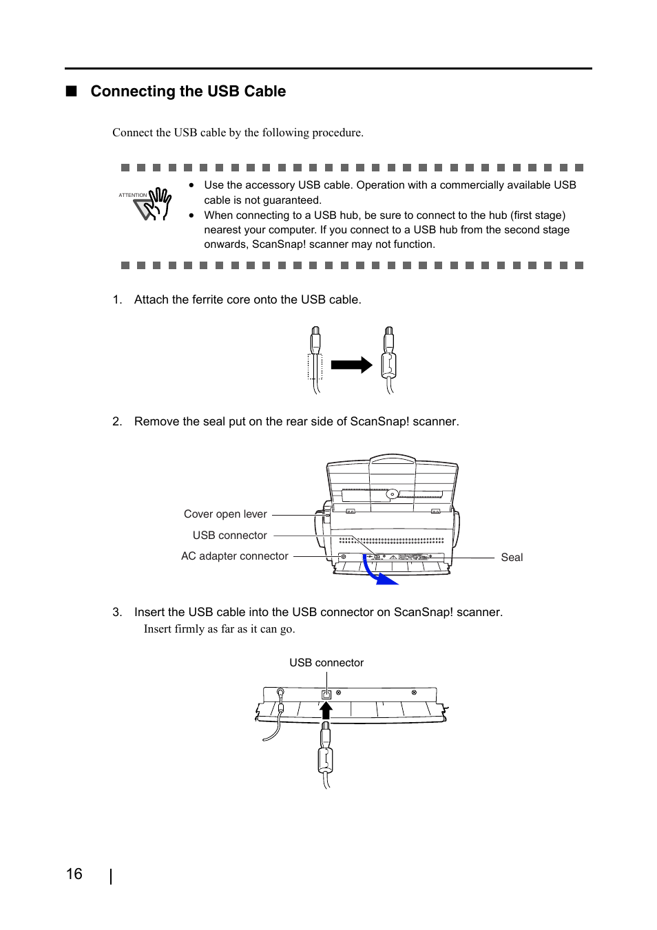 Connecting the usb cable, 16 ■ connecting the usb cable | FUJITSU SCANSNAP! FI-4110EOX2 User Manual | Page 32 / 97