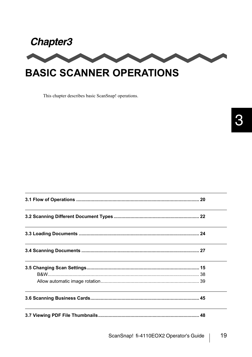 Chapter3 basic scanner operations, Chapter3 basic, Scanner operations | FUJITSU SCANSNAP! FI-4110EOX2 User Manual | Page 35 / 97