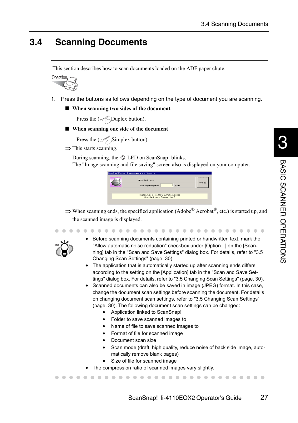 4 scanning documents, 27 basic scanner opera t ions | FUJITSU SCANSNAP! FI-4110EOX2 User Manual | Page 43 / 97