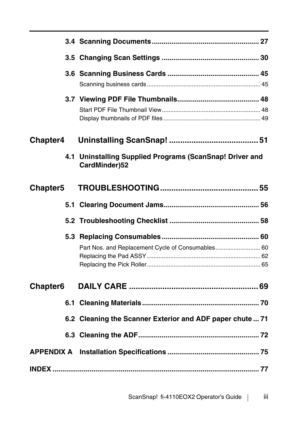 Chapter4 uninstalling scansnap, Chapter5 troubleshooting, Chapter6 daily care | FUJITSU SCANSNAP! FI-4110EOX2 User Manual | Page 5 / 97