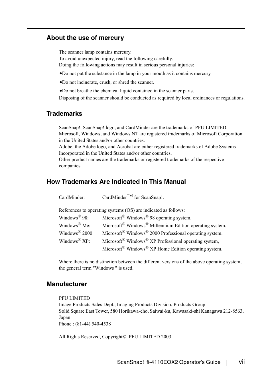 Vii about the use of mercury, Trademarks, How trademarks are indicated in this manual | Manufacturer | FUJITSU SCANSNAP! FI-4110EOX2 User Manual | Page 9 / 97