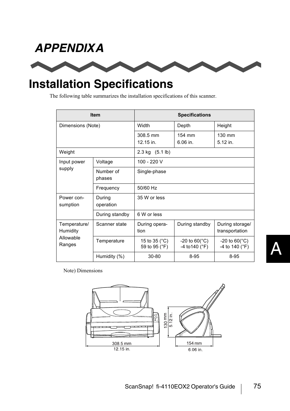 Appendix a installation specifications | FUJITSU SCANSNAP! FI-4110EOX2 User Manual | Page 91 / 97