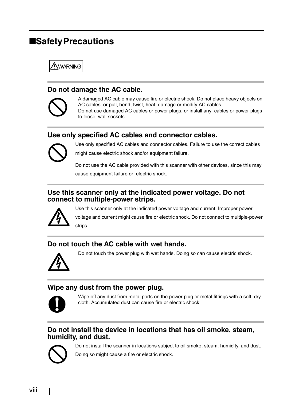 Safety precautions, Viii, Do not damage the ac cable | Use only specified ac cables and connector cables, Do not touch the ac cable with wet hands, Wipe any dust from the power plug | FUJITSU fi-60F User Manual | Page 10 / 55