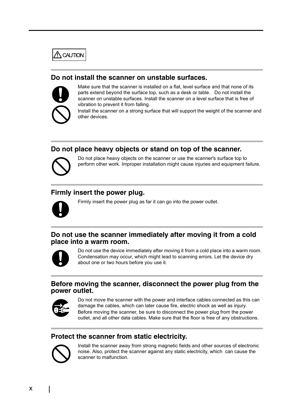 Do not install the scanner on unstable surfaces, Firmly insert the power plug, Protect the scanner from static electricity | FUJITSU fi-60F User Manual | Page 12 / 55