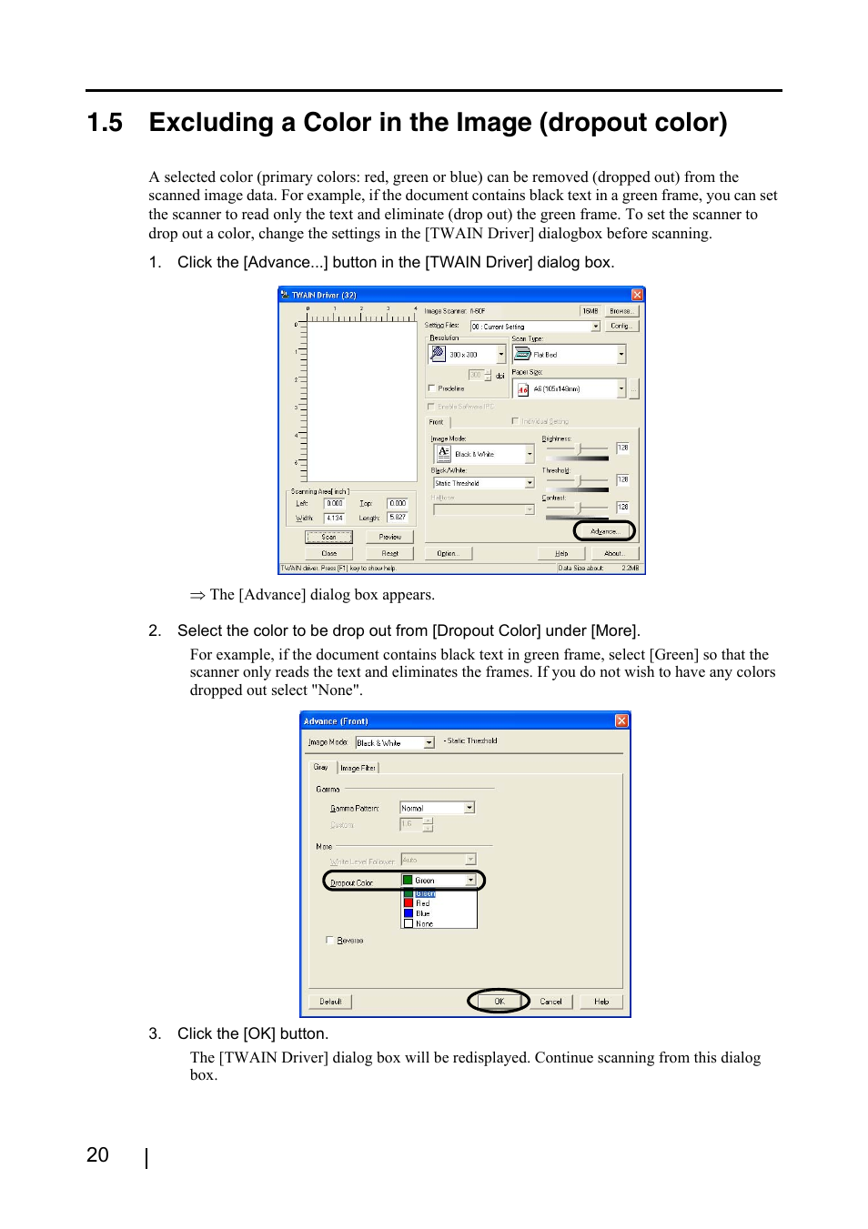 5 excluding a color in the image (dropout color) | FUJITSU fi-60F User Manual | Page 34 / 55