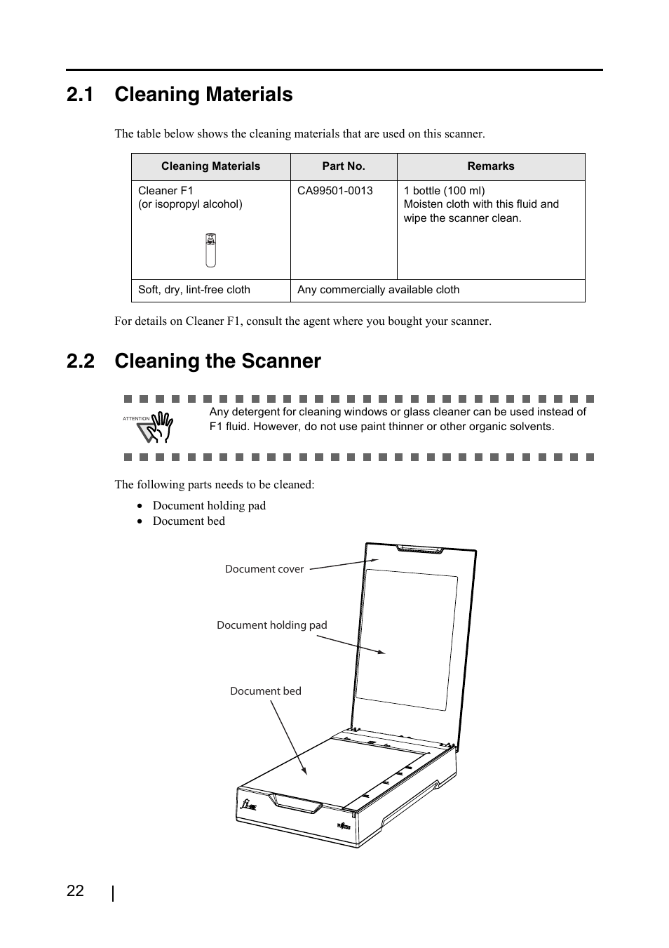 1 cleaning materials, 2 cleaning the scanner | FUJITSU fi-60F User Manual | Page 36 / 55