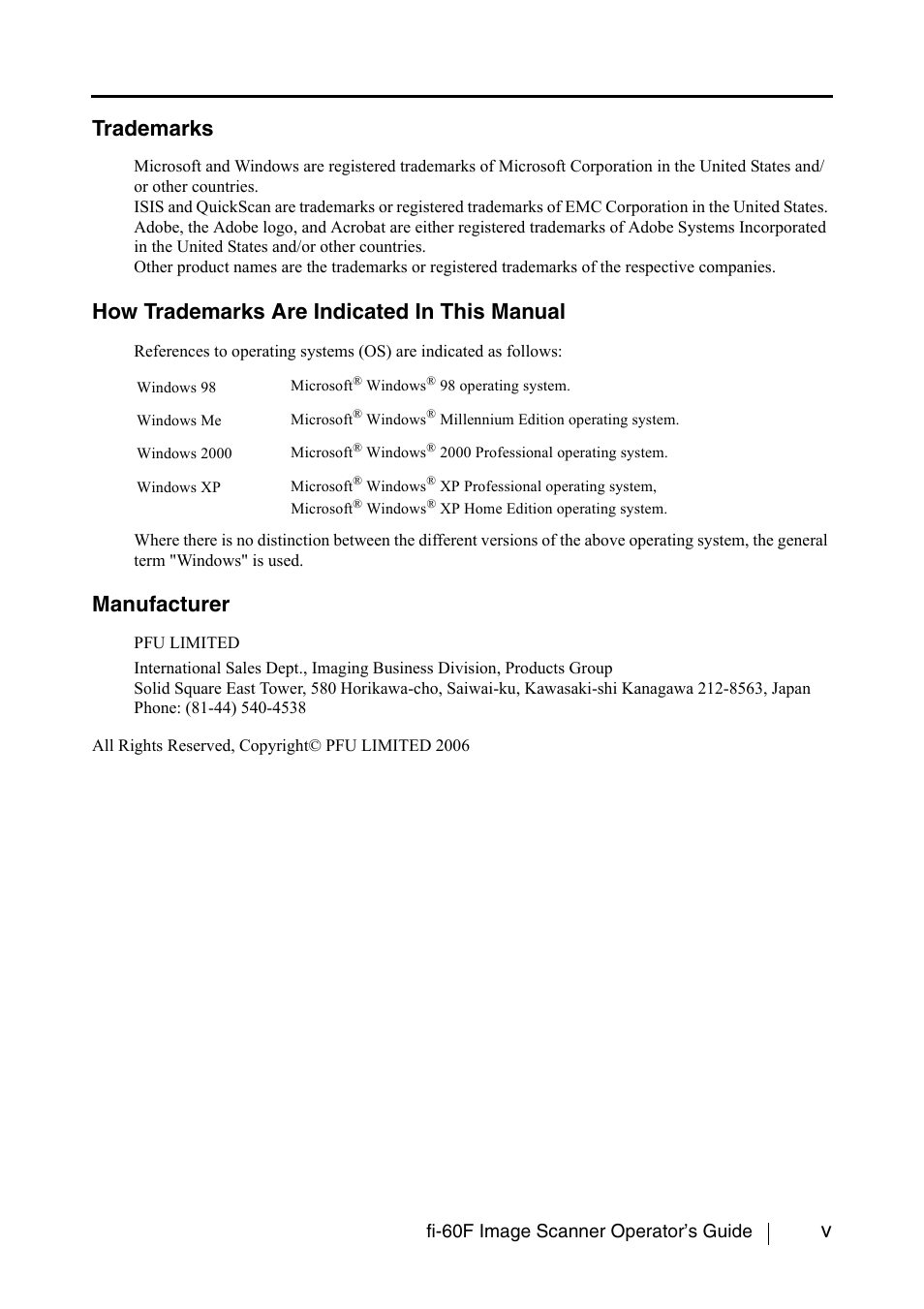 Vtrademarks, How trademarks are indicated in this manual, Manufacturer | Fi-60f image scanner operator’s guide | FUJITSU fi-60F User Manual | Page 7 / 55