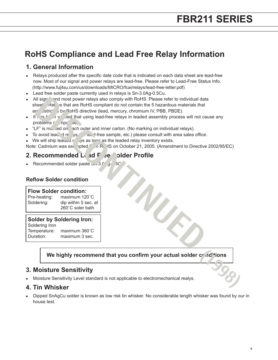 Disc ontinued, Fbr211 series, Rohs compliance and lead free relay information | FUJITSU FBR211 User Manual | Page 6 / 7