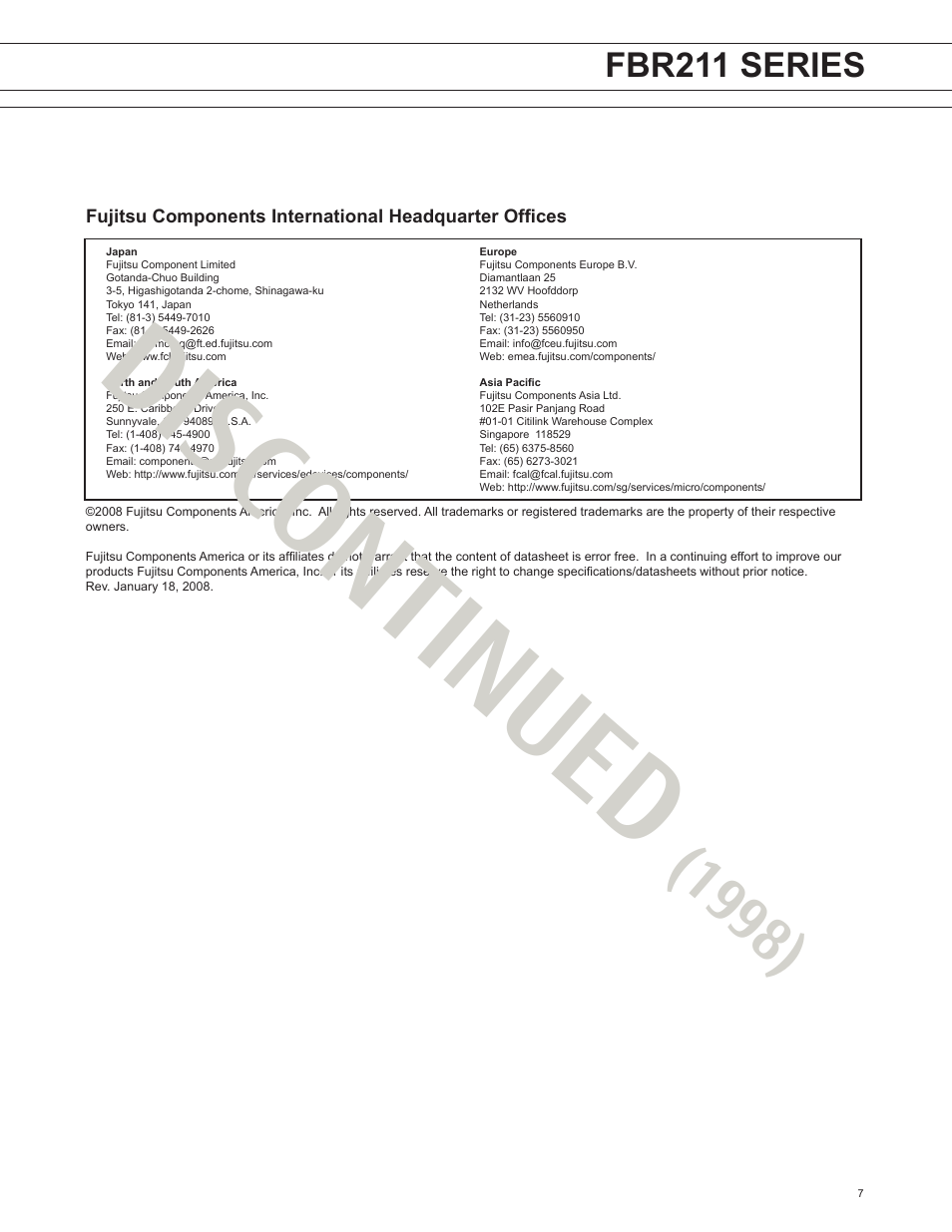 Disc ontinued, Fbr211 series | FUJITSU FBR211 User Manual | Page 7 / 7