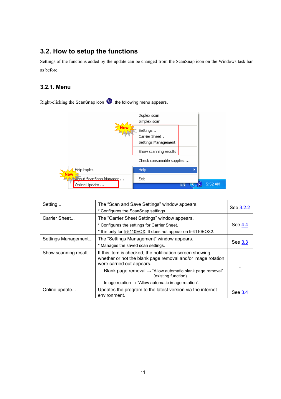 How to setup the functions, Menu, Show scanning result | FUJITSU ScanSnap Upgrade P2WW-1860-01EN Scanner User Manual | Page 15 / 55