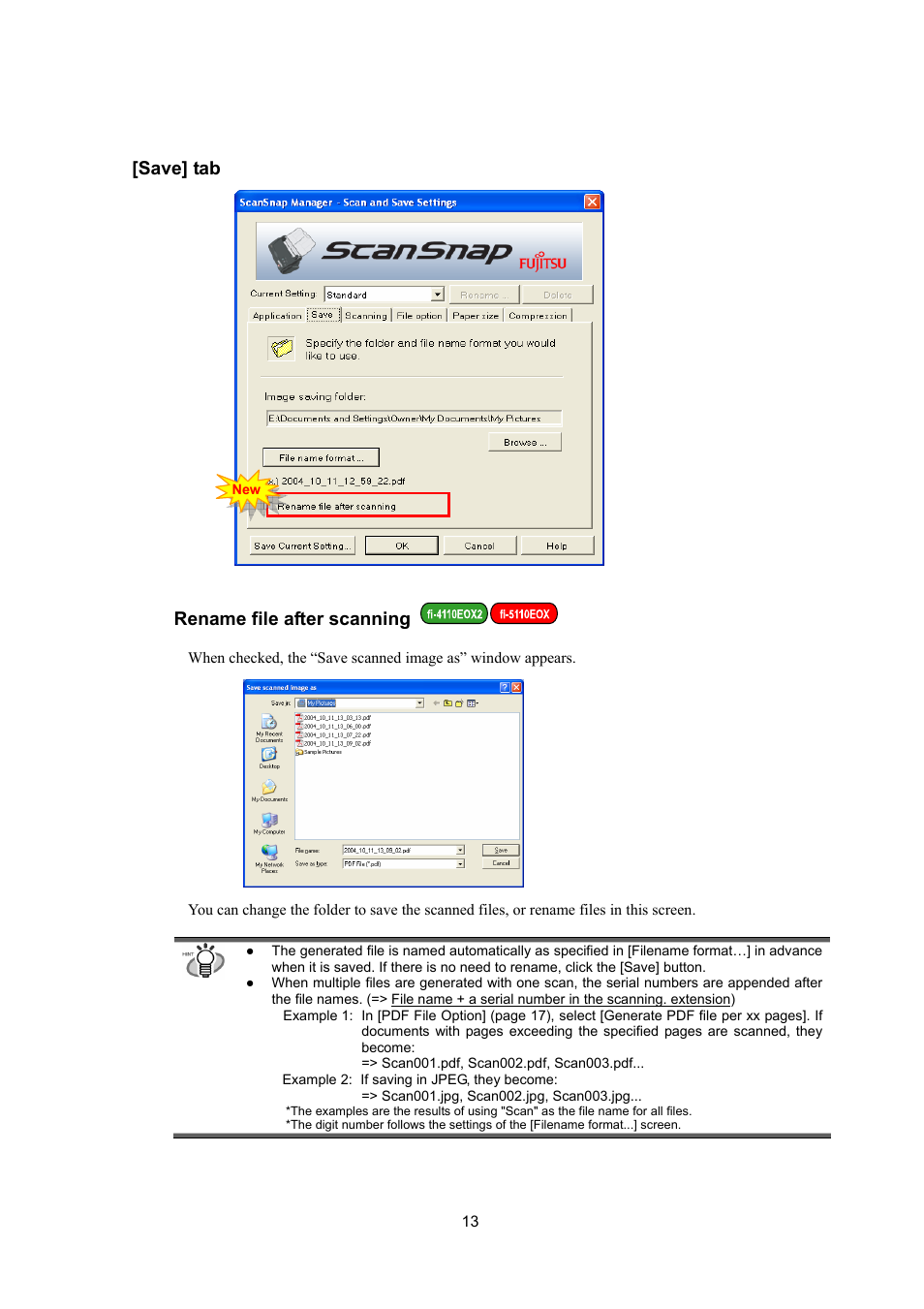 Rename file after scanning, Save] tab | FUJITSU ScanSnap Upgrade P2WW-1860-01EN Scanner User Manual | Page 17 / 55