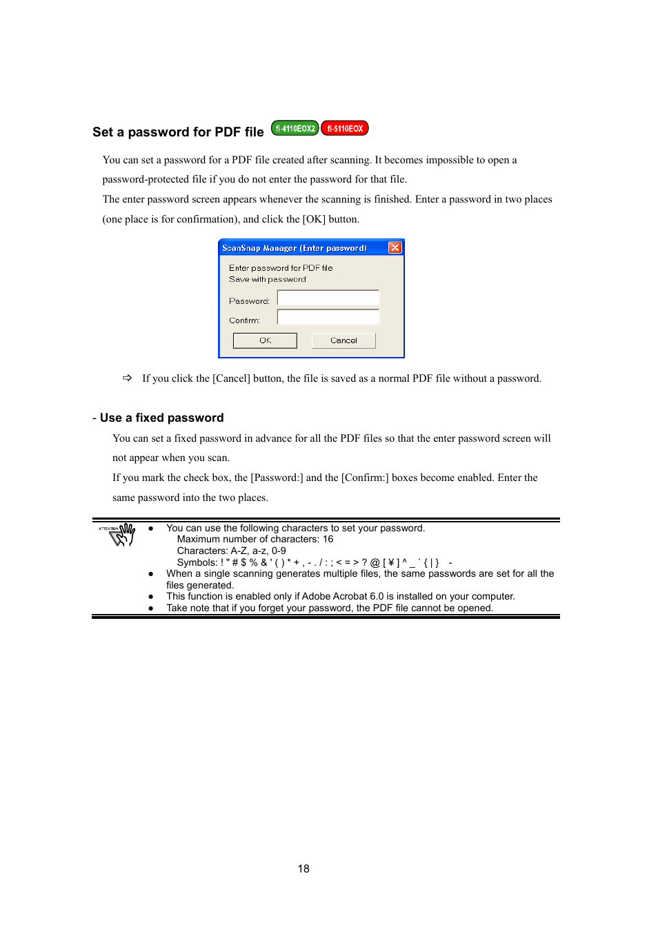 Set a password for pdf file | FUJITSU ScanSnap Upgrade P2WW-1860-01EN Scanner User Manual | Page 22 / 55