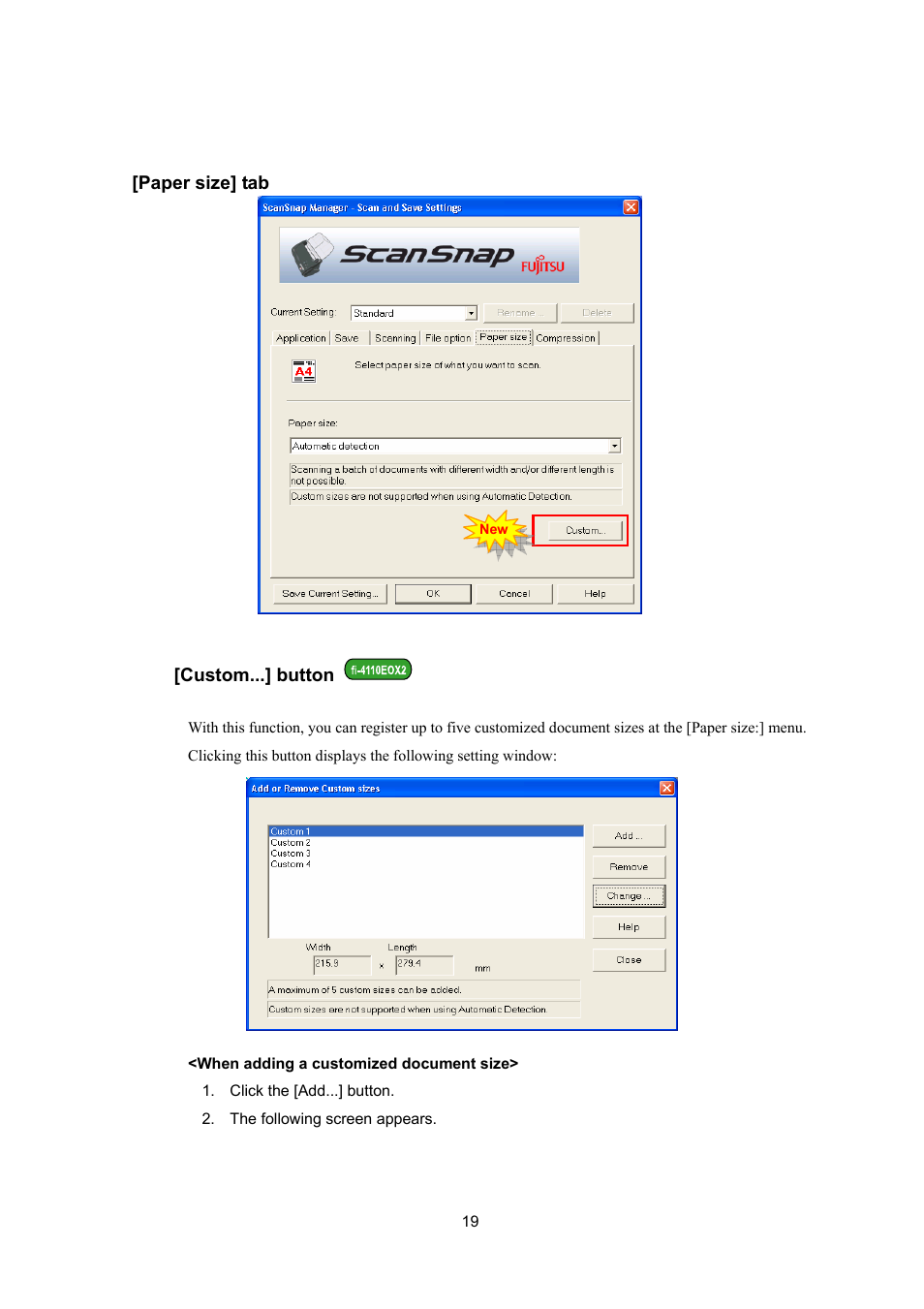 Add custom size] button | FUJITSU ScanSnap Upgrade P2WW-1860-01EN Scanner User Manual | Page 23 / 55