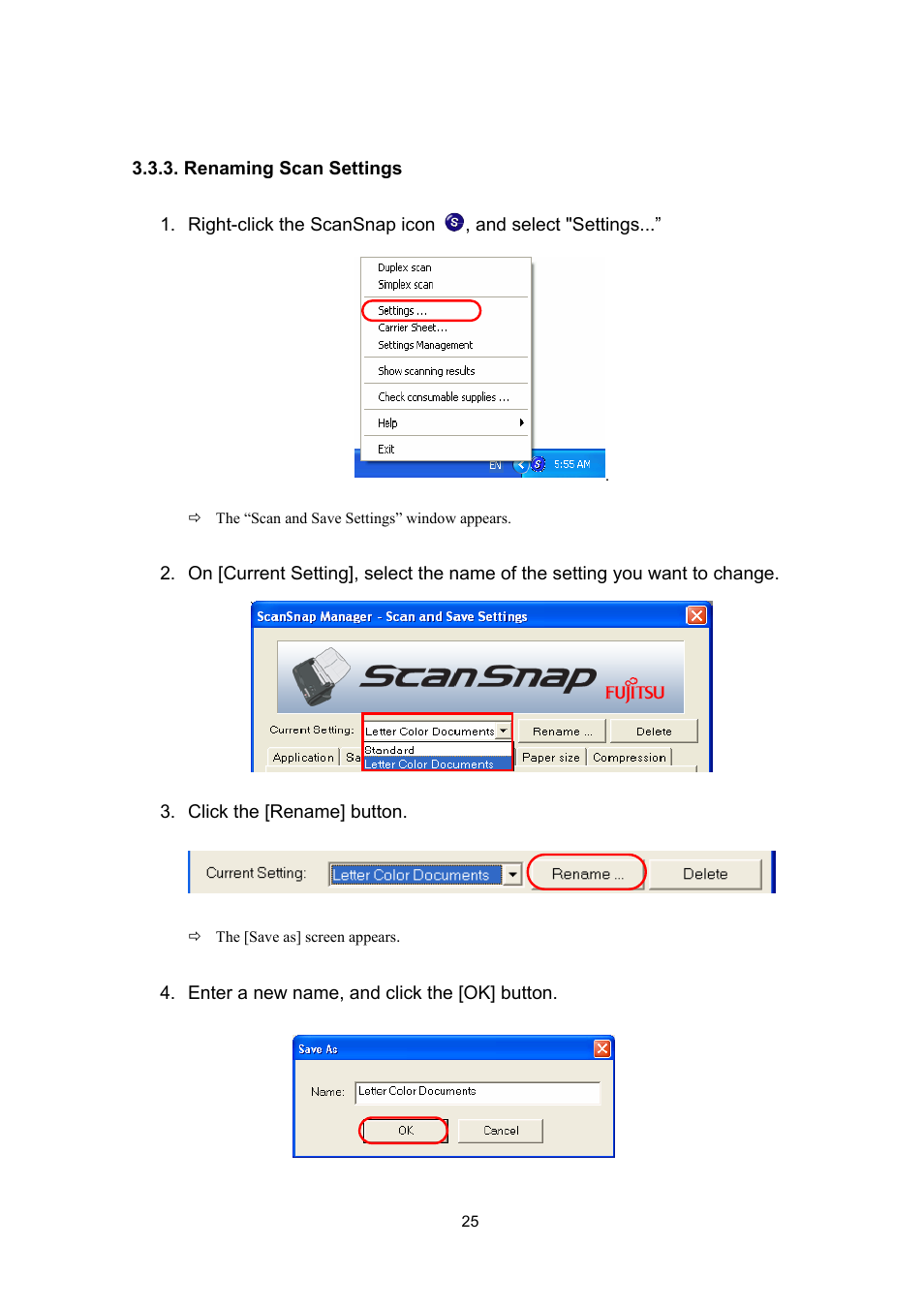 Renaming scan settings | FUJITSU ScanSnap Upgrade P2WW-1860-01EN Scanner User Manual | Page 29 / 55