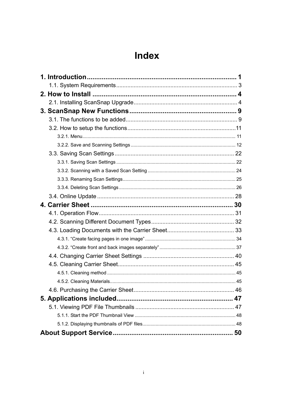 Index, Introduction, How to install | Scansnap new functions, Carrier sheet, Applications included, About support service | FUJITSU ScanSnap Upgrade P2WW-1860-01EN Scanner User Manual | Page 3 / 55