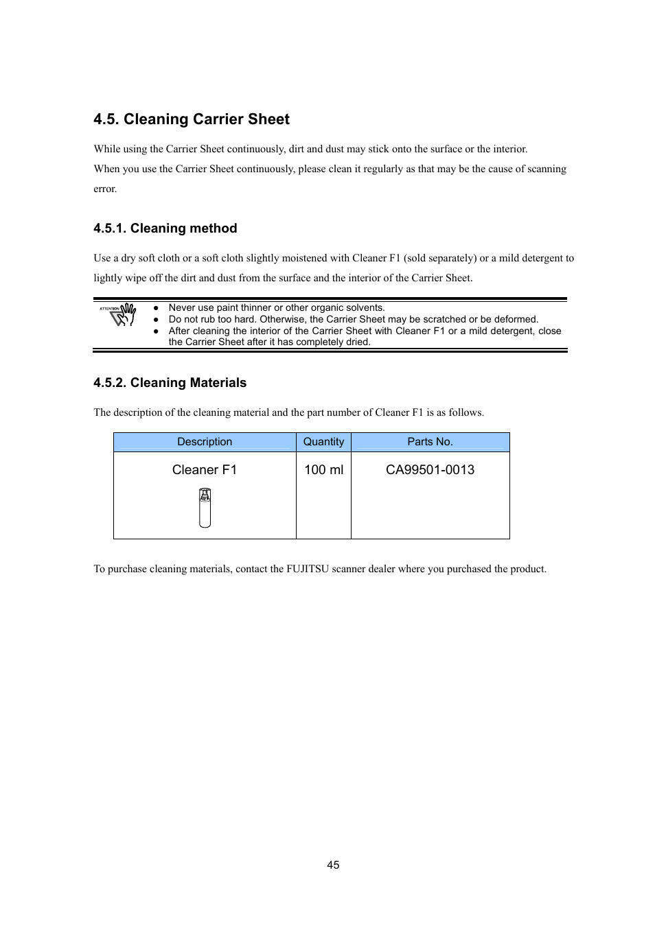Cleaning carrier sheet, Cleaning method, Cleaning materials | FUJITSU ScanSnap Upgrade P2WW-1860-01EN Scanner User Manual | Page 49 / 55