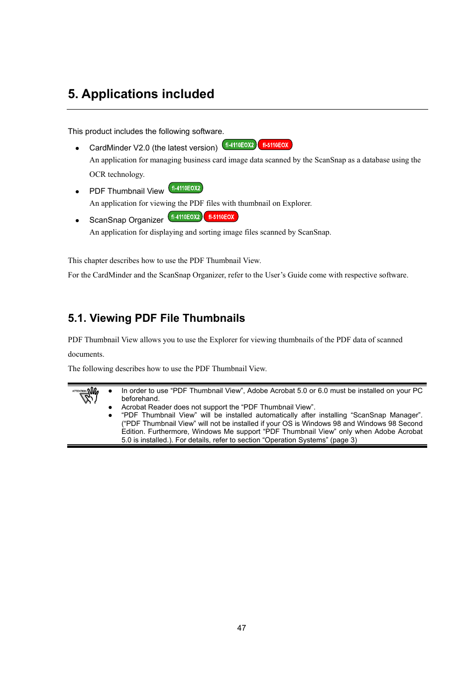 Applications included, Viewing pdf file thumbnails | FUJITSU ScanSnap Upgrade P2WW-1860-01EN Scanner User Manual | Page 51 / 55