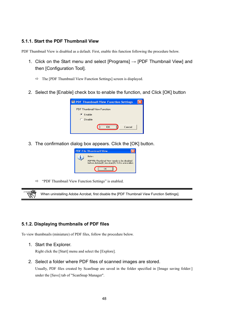 Start the pdf thumbnail view, Displaying thumbnails of pdf files | FUJITSU ScanSnap Upgrade P2WW-1860-01EN Scanner User Manual | Page 52 / 55