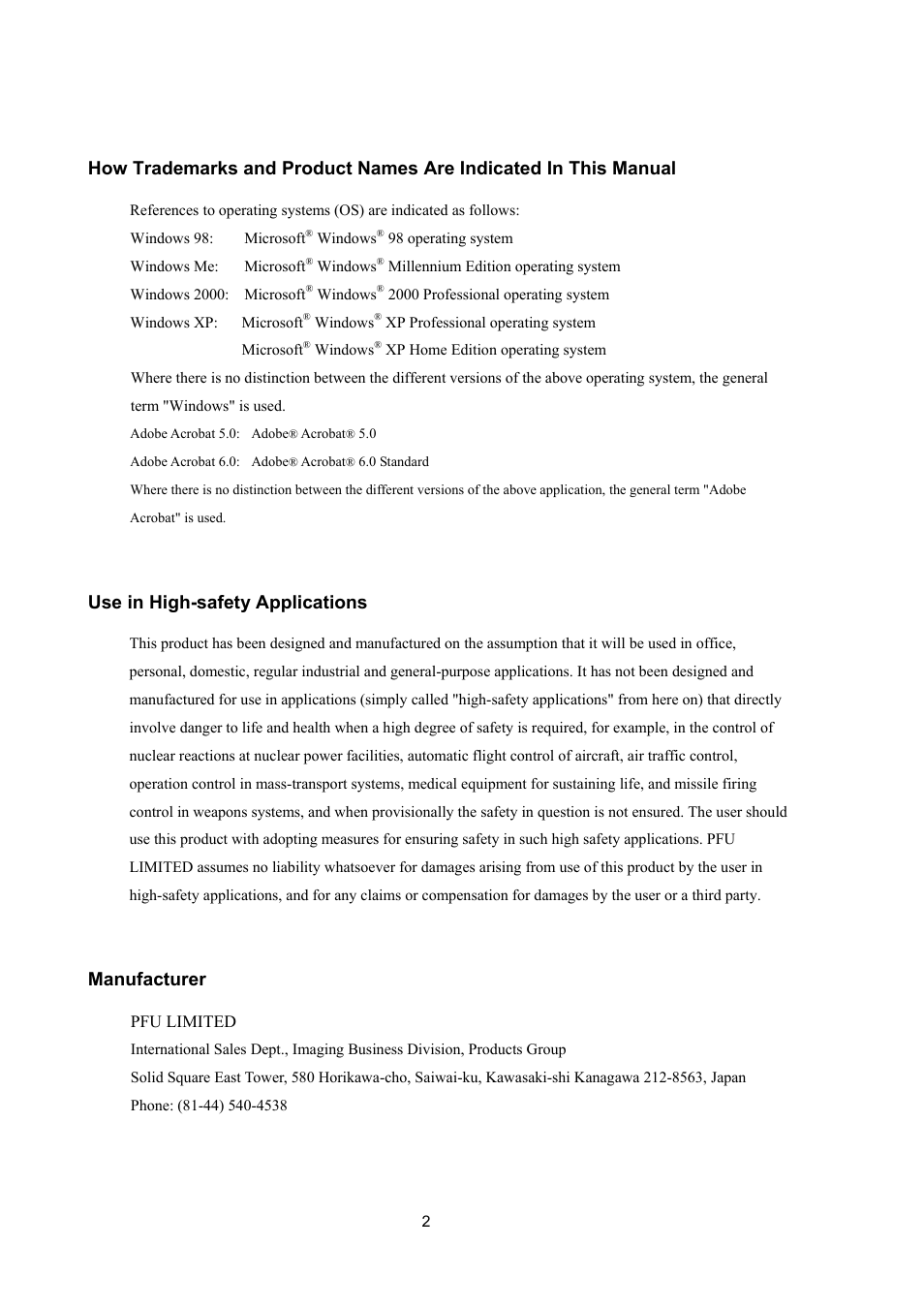 Use in high-safety applications, Manufacturer | FUJITSU ScanSnap Upgrade P2WW-1860-01EN Scanner User Manual | Page 6 / 55